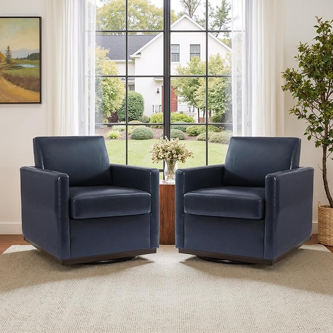 UIXE Faux Leather Swivel Accent Chair, Upholstered Armchair Comfy Club Chair for Living Room, Mid Century Modern Arm Chair Single Sofa Nook Bedroom Side Reading Seat - Navy Blue