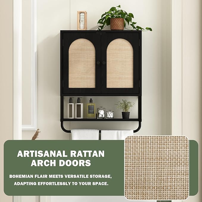 RUSTOWN Rattan Bathroom Wall Cabinet, Boho Over The Toilet Storage Cabinet with Arched Rattan Doors, Modern Medicine Cabinet with Adjustable Shelves & Towel Bar (Black, Medium)