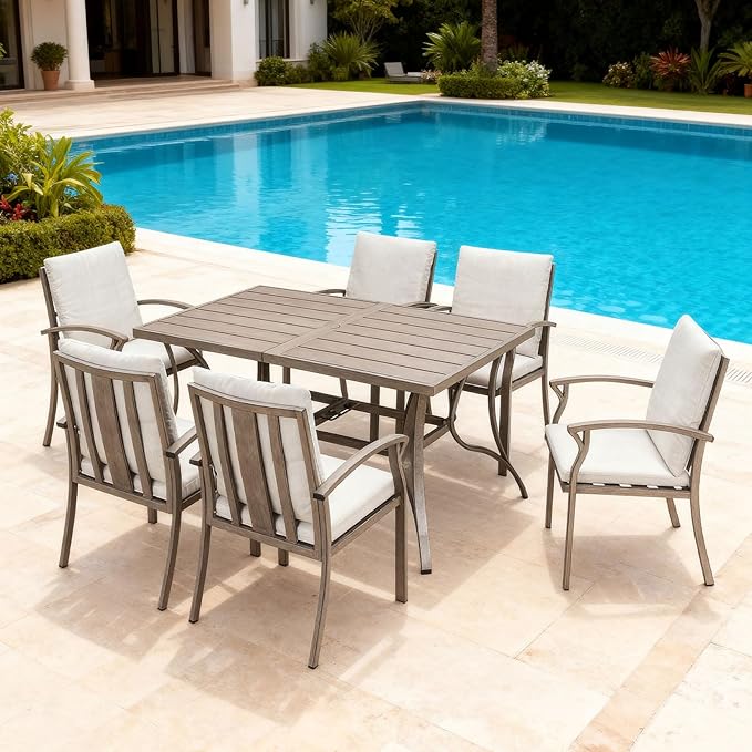 7-Piece Outdoor Patio Dining Set, Aluminum Patio Dining Set with 2.2" Umbrella Hole, Outdoor Table and Chairs with Cushions, Patio Furniture Sets for Lawn, Garden, Backyard, Limed Oak