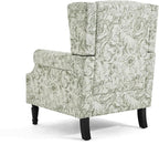 Wingback Accent Chair, High Back Upholstered Armchair, Printed Fabric Wingback Arms Chairs with Wood Legs, Single Sofa Reading Chair for Bedroom Living Room, Green Pattern