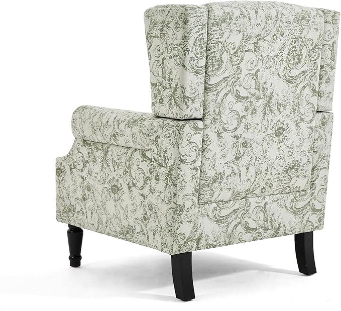 Wingback Accent Chair, High Back Upholstered Armchair, Printed Fabric Wingback Arms Chairs with Wood Legs, Single Sofa Reading Chair for Bedroom Living Room, Green Pattern
