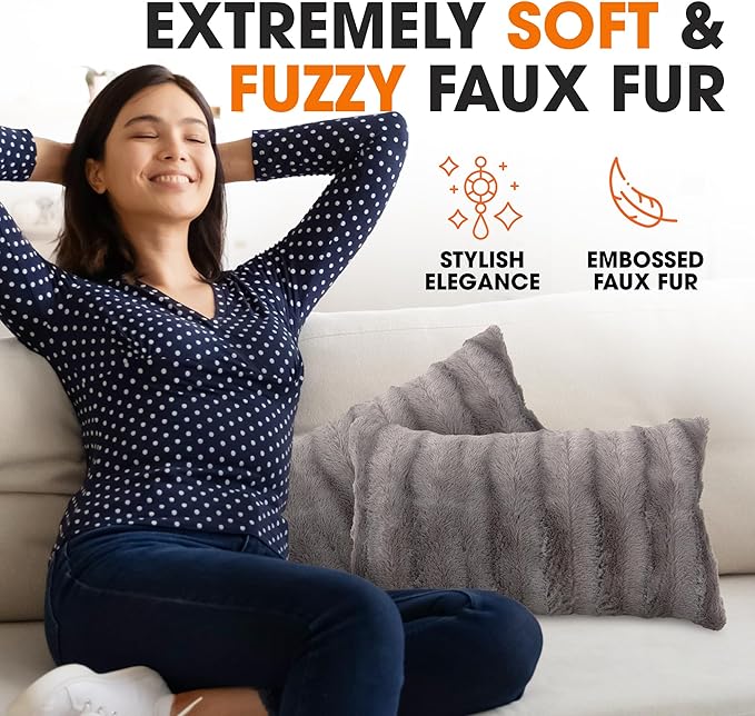 Cheer Collection Faux Fur Throw Pillows - Decorative Pillows for Couch, Bed Throw Pillows, Grey Accent Pillows for Bedroom or Living Room Aesthetic, Set of 2 Furry Throw Pillows, 12" x 20"
