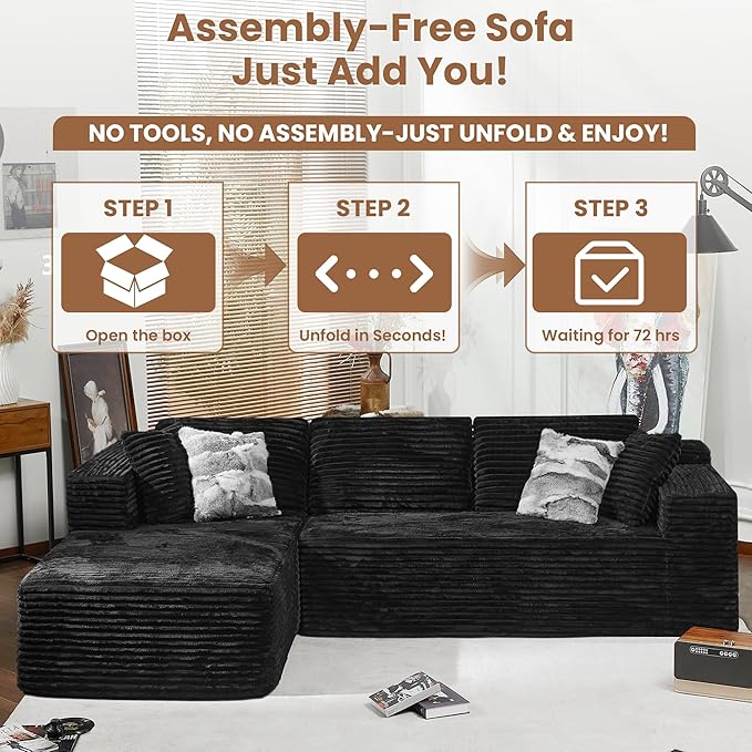 Bashaw 108" Cloud Sectional Couch Sofa with L-Shape Chaise, Modern Modular Sofa Couch Upholstered Couches for Living Room Bedroom, No Assembly Required (Black, L Shape)