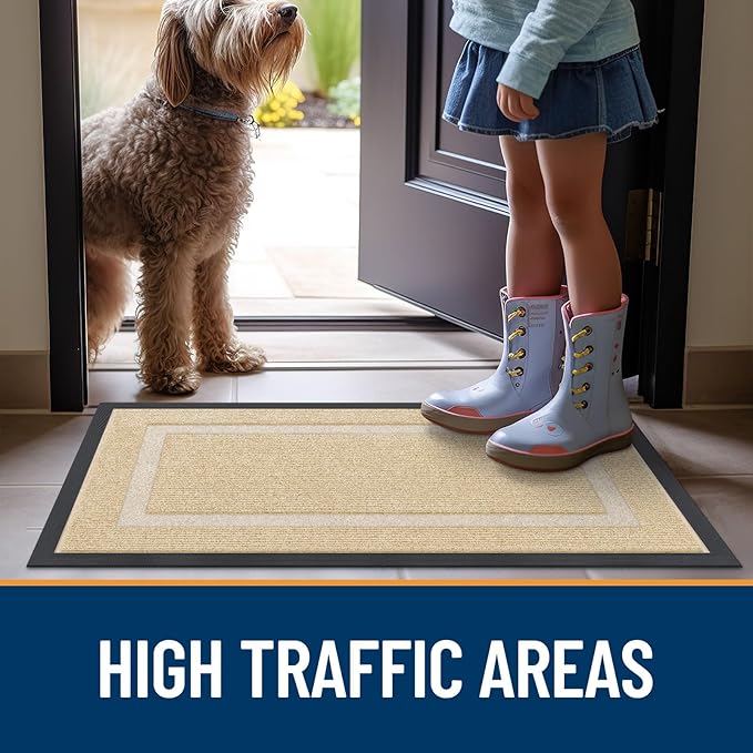 OLANLY Front Door Mat Indoor Outdoor Entrance, Waterproof All-Season, All-Weather Doormat, Sturdy Natural Rubber, Fade Resistant, Low Profile, Easy Clean Patio Porch Entryway Mat, 59x20, Beige