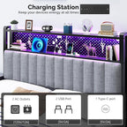 VINGLI Queen Size Headboard Only, Adjustable Upholstered Headboard with 2 Tier Shelves and Pegboard with Charging Stations and LED Lights, Modern Bed Headboard with Storage for Bedroom Decor