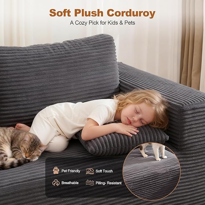 Modular Sectional Cloud Couch for Living Room,Modern Boneless Couche Set with Plush Corduroy,Comfy Floor Sofa with Memory Foam,Stupendous U Shaped Sofa with Chaise,No Assembly Required,Grey