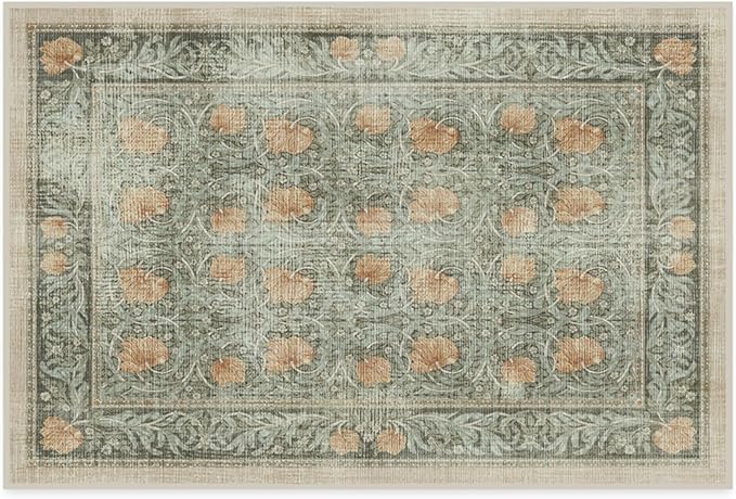 RUGGABLE x Morris & Co Washable Area Rug– Pimpernel Vintage Green 2x3, Stain-Resistant, Non-Slip – Small Machine Washable Rugs for Living Room, Bedroom, Hallway, Entryway & Bathroom–with Standard Pad