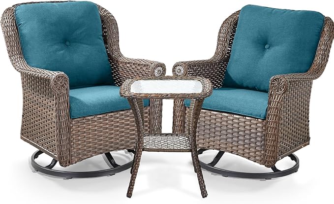 3 Piece Patio Swivel Chairs and Side Table Set - High Back Outdoor Brown Wicker Rattan Rocking Glider with Thick Cushions for Porch Apartment Deck Yard Poolside Garden - Peacock Blue