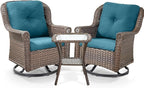 3 Piece Patio Swivel Chairs and Side Table Set - High Back Outdoor Brown Wicker Rattan Rocking Glider with Thick Cushions for Porch Apartment Deck Yard Poolside Garden - Peacock Blue