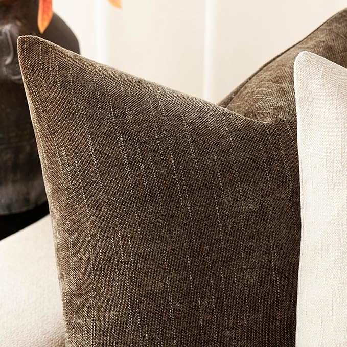 Foindtower Pack of 2 Soft Textured Chenille Throw Decorative Pillow Covers Square Accent Solid Cushion Cover Neutral Farmhouse Pillow Case for Couch Sofa Bedroom Living Room 20x20 Inch,Taupe Brown