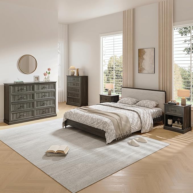 Farmhouse Dresser and Nightstand Sets, 4Pcs Bedroom Furniture Set, Nightstand Set of 2 & 55" Wide 8 Drawer and 44" Tall 5 Drawer Dresser with Large Drawers & Bar Handles, Grey