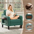 Accent Chair for Living Room Modern Linen Upholstered Armchair Side Wooden Fabric Sofa Chair with Foldable Table 2 Side Pockets Comfy Reading Chair for Bedroom