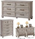 Farmhouse Bedroom Dresser and Nightstand Set of 4, 6 Drawer Tall & Low Dresser & 2 Drawer Nightstand Set, Rustic Wood Bedroom Furniture Set for Livingroom, Hallway, Grey