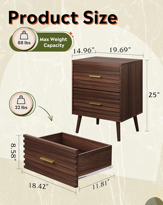 WLIVE Wood Night Stand Set of 2 with 2 Drawers, Mid Century Modern Nightstand Sets, Fluted Bed Side Tables for Bedroom, Dorm, Living Room End Table