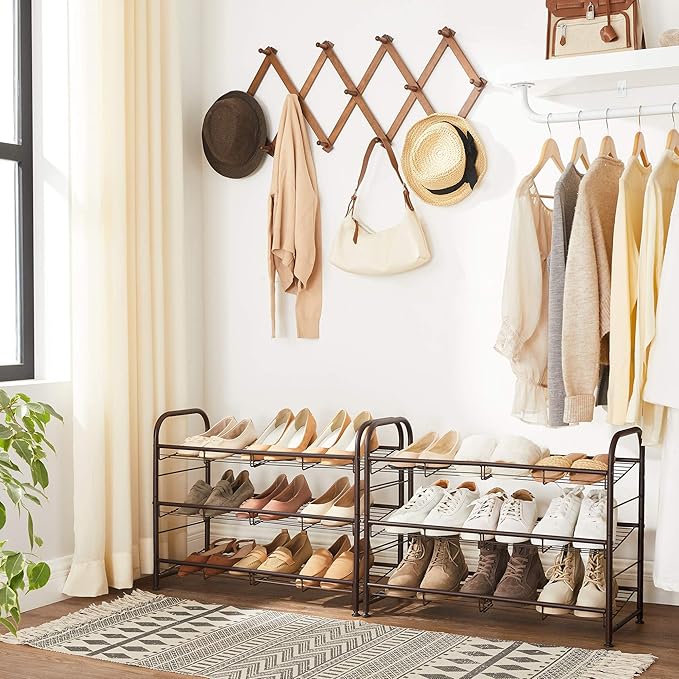 SONGMICS Shoe Rack, 3 Tier Shoe Organizer for Closet, Holds up to 12 Pairs of Shoes, Shoe Rack for Front Door Entrance, Metal Shoe Shelf with Adjustable Tilt Angle, for Entryway, Garage, Bronze