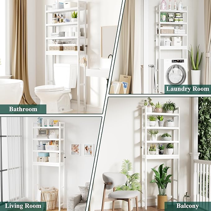 Smiry Over The Toilet Storage Cabinet, 4-Tier Bamboo Bathroom Organizers with Adjustable Shelf & 4 Hooks, Space Saving Shelf Rack for Bathrooms, Laundry Room, Balcony, White