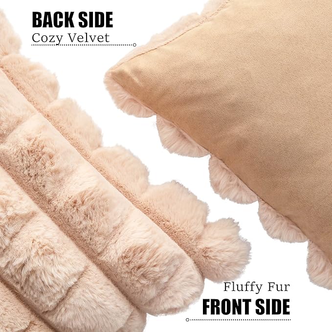 Neelvin Camel Faux Fur Cozy Soft Plaid Decorative Throw Pillow Covers 24x24 inch Set of 2,Velvet Pillowcase Cushion Case for Sofa Couch