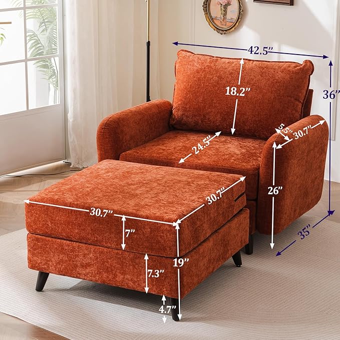 Oversized Accent Chair with Ottoman,All Seats Storage,Comfy Armchair,24.5'' Deep Seat,Upholstered Living Room Chairs,Reading Chair,Lounge Chair for Bedroom,Office,Chenille,Orange
