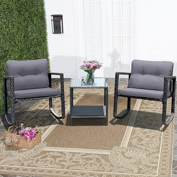 COSTWAY 3 Pieces Patio Rattan Rocking Chair Set, Outdoor Conversation Furniture Sets with Coffee Table, Storage Shelf and Cushions, Modern Bistro Set for Porch, Backyard, Garden, Gray