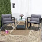 COSTWAY 3 Pieces Patio Rattan Rocking Chair Set, Outdoor Conversation Furniture Sets with Coffee Table, Storage Shelf and Cushions, Modern Bistro Set for Porch, Backyard, Garden, Gray