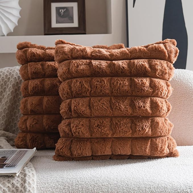 Neelvin Brown Faux Fur Cozy Soft Plaid Decorative Throw Pillow Covers 18x18 inch Set of 2,Velvet Pillowcase Cushion Case for Sofa Couch