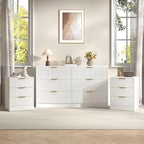 3-Piece Modern Bedroom Furniture Set, Wide 6-Drawer Dresser & 3-Drawer Nightstands Set of 2, Natural Wood Dresser and Nightstand Sets for Bedroom, Hallway, White