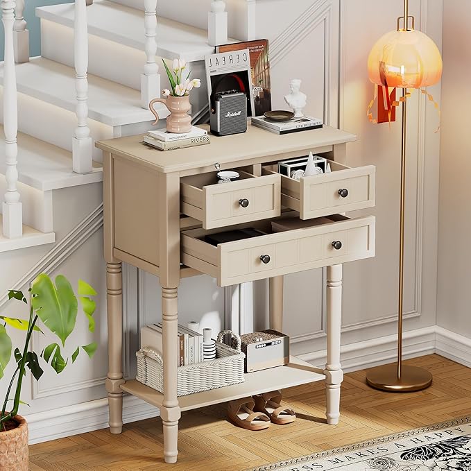Knocbel Slim Antique Entry Console Table with 3 Drawers & Bottom Open Shelf, Solid Wood Narrow Sofa Couch Table for Entryway Hallway Living Room 23.7" W x 13" D x 31.4" H Beige