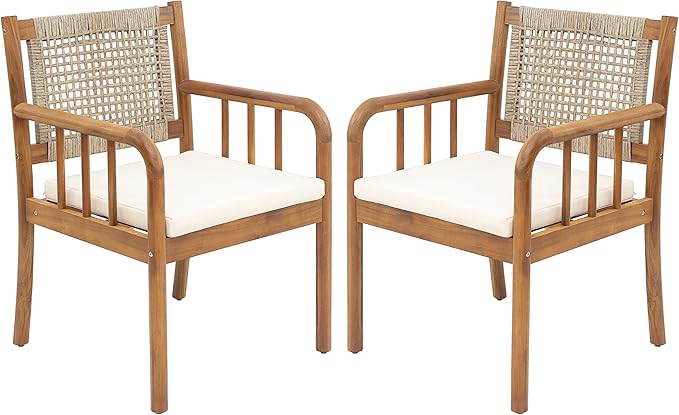 Christopher Knight Home Vera Outdoor Dining Chairs Set of 2, Acacia Wood Dining Chairs, Rattan Woven Back Armchair, Armchair with Cushion Seat, Patio Chair for Poolside Garden Balcony, Teak+Cream