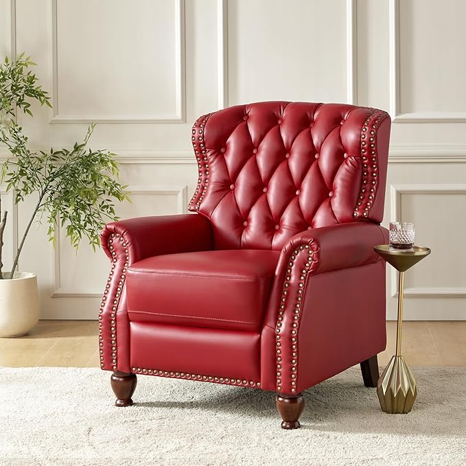 HULALA HOME Genuine Leather Recliner Chair with Solid Wood Legs, Modern Adjustable Tufted Push Back Arm Chair w/Rivet Decoration, Home Theater Seating Single Reclining Sofa for Living Room, Red
