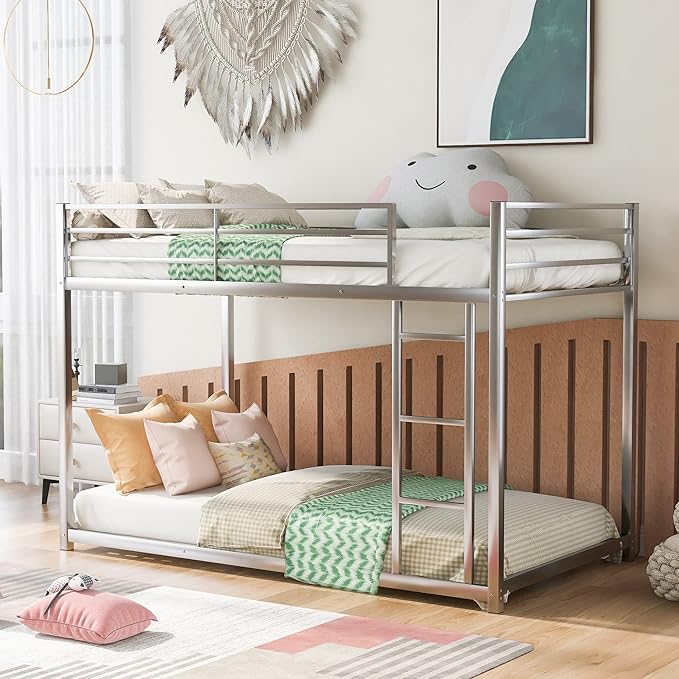Twin Over Twin Metal Bunk Bed with Full-Length Guardrail,Low Bed Frame W/Ladder, Steel,No Noise,Bedroom Furniture for Adult Kid Boy Girl Teen,Silver