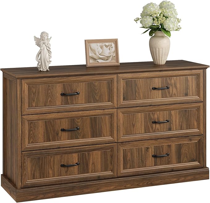Farmhouse 6 Drawer Dresser for Bedroom, 55 Inch Wide Modern Walnut Dresser TV Stand with Large Drawers & Bar Handles, Rustic Wood Chest of Drawers for Bedroom, Living Room, Hallway, Entryway.