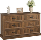 Farmhouse 6 Drawer Dresser for Bedroom, 55 Inch Wide Modern Walnut Dresser TV Stand with Large Drawers & Bar Handles, Rustic Wood Chest of Drawers for Bedroom, Living Room, Hallway, Entryway.