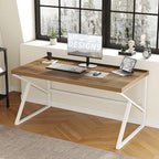 HSH Farmhouse Desk Computer Table, Modern Home Office Desk, Student Desk for Bedroom, Rustic Wood and Metal PC Laptop Desk, Simple Writing Study Gaming Desk Executive Workstation, 55 Inch