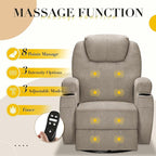 Recliner Chair, 360° Swivel Rocker Chair for Adults, Rocking Recliner Chair with Massage, Comfy Single Sofa with Side Pockets Cup Holders for Living Room, Bedroom, Nursery (Fabric, Khaki)