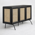 NTC MOSSIC Modern Sideboard with 3 Doors, Natural Rattan Storage Cabinet, Buffet with Metal Legs, Boho Accent Cabinet for Living Room, and Entryway, Effortless Assembly - Burnt Black