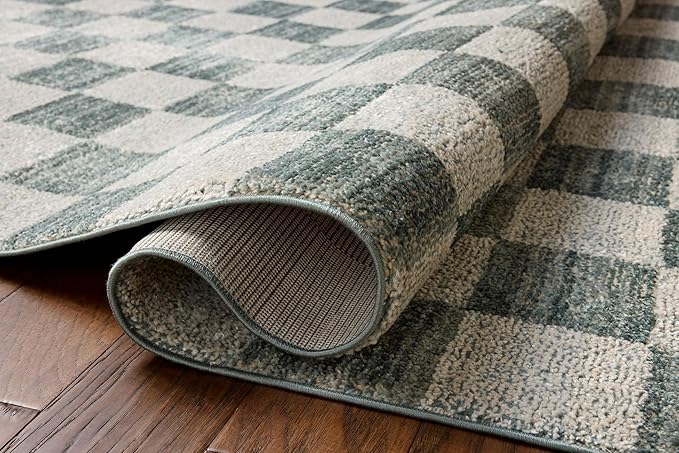 Loloi Chris Loves Julia Calvin Collection CLV-01 Blue/Ivory 5'-3" x 7'-6" Area Rug Checkered Neutral Soft Living Room Bedroom Carpet