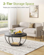 LITTLE TREE Round Coffee Table, 32" Circle Coffee Table for Living Room, 2-Tier Wood Accent Center Table with Open Storage Industrial Design Home Furniture (Black)