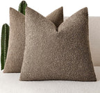 Foindtower Set of 2, Decorative Textured Boucle Throw Pillow Covers Accent Solid Pillow Cases Soft Cozy Couch Cushion Case for Chair Sofa Bedroom Living Room Home Decor 24x24 Inch Light Brown