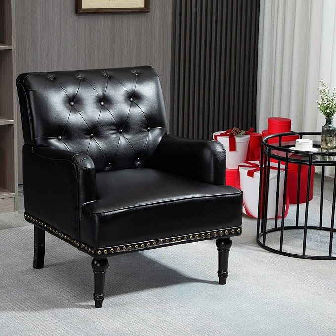 MOJAY Faux Leather Accent Chair, Mid-Century Armchair Living Room Sofa Chair with Rubber Wood Leg, Club Chair with Rivet Trim for Bedroom Reading Room Reception (Black)