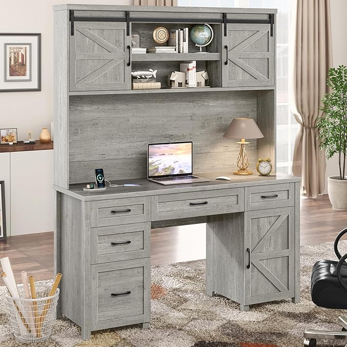 Farmhouse 67''H Executive Desk with Hutch & 5 Drawers, Rustic Office Desks Computer Desks with Charging Station, File Drawers and Storage Cabinets, Wood Workspace for Home Office & Study.(Grey)