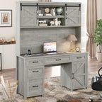Farmhouse 67''H Executive Desk with Hutch & 5 Drawers, Rustic Office Desks Computer Desks with Charging Station, File Drawers and Storage Cabinets, Wood Workspace for Home Office & Study.(Grey)