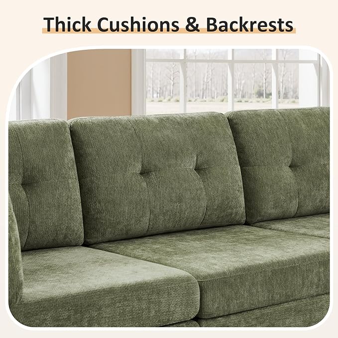 VANOMi 4 Seat Cloud Couches for Living Room with 2 Ottomans, 118" Modular Sectional Sofas & Couches, Comfy Chenille Cloud Sectional Couch Sofa for Apartment, Office, Olive Green, U Shaped