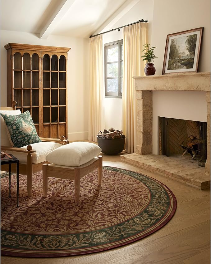 RUGGABLE x Morris & Co Machine Washable Christmas Area Rug – Acorn Amber Red 6 ft Round, Stain-Resistant, Non-Slip – Medium Rugs for Living Room, Bedroom, Hallway, Entryway & Office–with Standard Pad