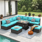 NICESOUL 10 Piece Modern Outdoor Furniture Set with Natural Gas/Propane Fire Pit Table, 29.3'' High-Back Extra Large Patio Sectionals with Firepit, Deep Wide All-Weather Rattan Sofas, Turquoise & Gray