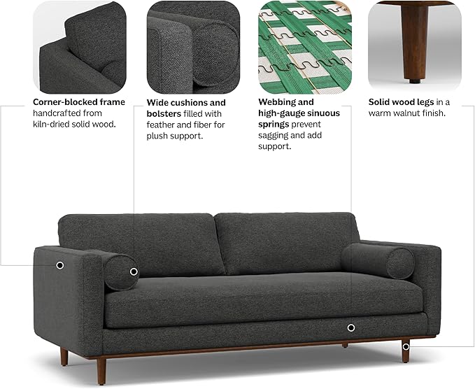 SIMPLIHOME Morrison 89-inch Wide Sofa in Charcoal Grey Woven-Blend Fabric, Handcrafted Mid-Century Modern Couch for Living Room or Family Room, Single Bench Cushion, Bolster Pillows