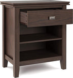 SIMPLIHOME Artisan Bedside Table - 24 inch Wide Solid Wood Nightstand Table in Warm Walnut Brown, Contemporary Bedroom Side or End Table with 1 Drawer, Open Shelf Storage and Bronze Knobs