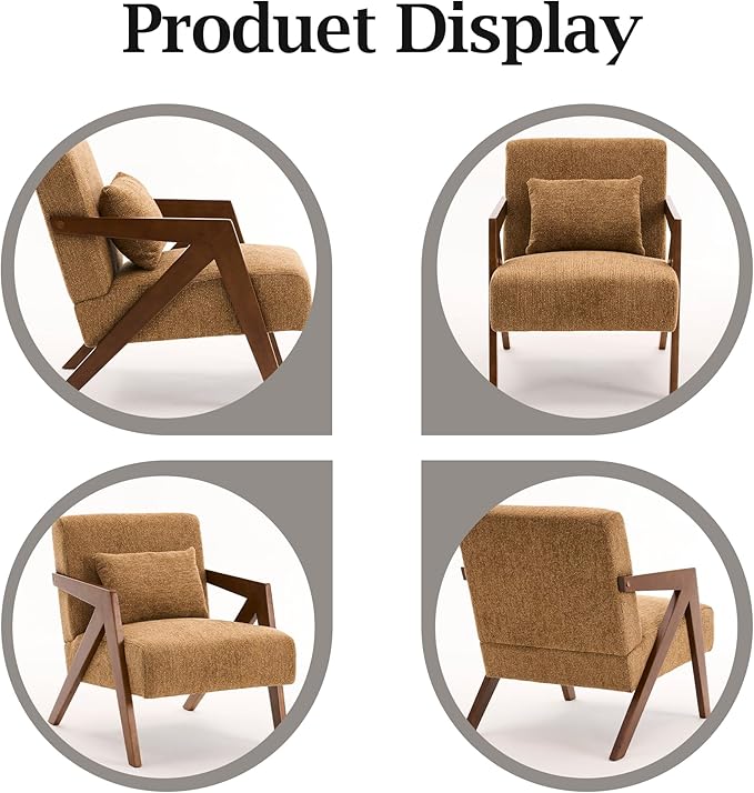 Mid Century Modern Accent Chair with Solid Wood Frame，Upholstered Chenille Living Room Arm Chairs with Pillow for Bedroom, Living Room, Reading Room, Balcony (1, Yellow)