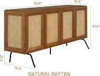NTC MOSSIC Modern Sideboard with 4 Doors, Natural Rattan Storage Cabinet, Buffet with Metal Legs, Boho Accent Cabinet for Living Room, and Entryway, Effortless Assembly - Rustic Oak