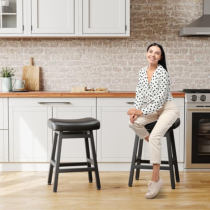 Counter Height Bar Stools Set of 2, 24 Inch Barstools for Kitchen Counter, Kitchen Stools with Bonded Leather Saddle Seats & Heavy Duty Metal Legs, Easy Assembly, All Black