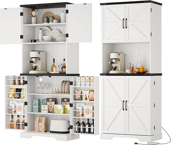 Cozy Castle 74" Farmhouse Pantry Cabinet with Charging Station, Tall Kitchen Storage Hutch Cabinet Coffee Bar Workstation, Sideboard Buffet Cupboard for Dining Room Living Room Furniture, White